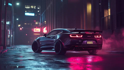 Neon-lit muscle car dominates rain-soaked night street