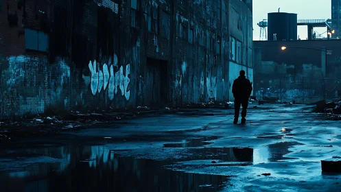 Solitary figure in wet industrial alley at blue hour twilight