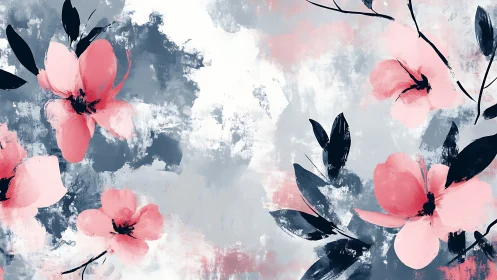 Abstract Pink Flowers with Textured Blue-Gray Background.