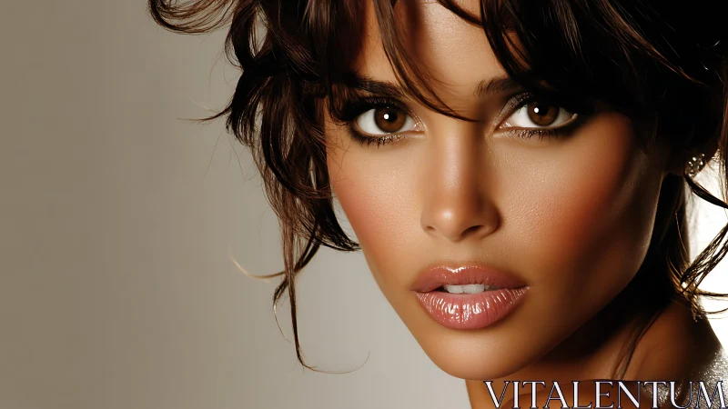 Gilded gaze in close-up, glossy lips and tousled midnight hair.