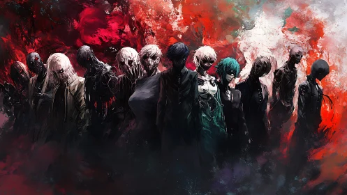 Concept art lineup of spectral figures in crimson maelstrom.