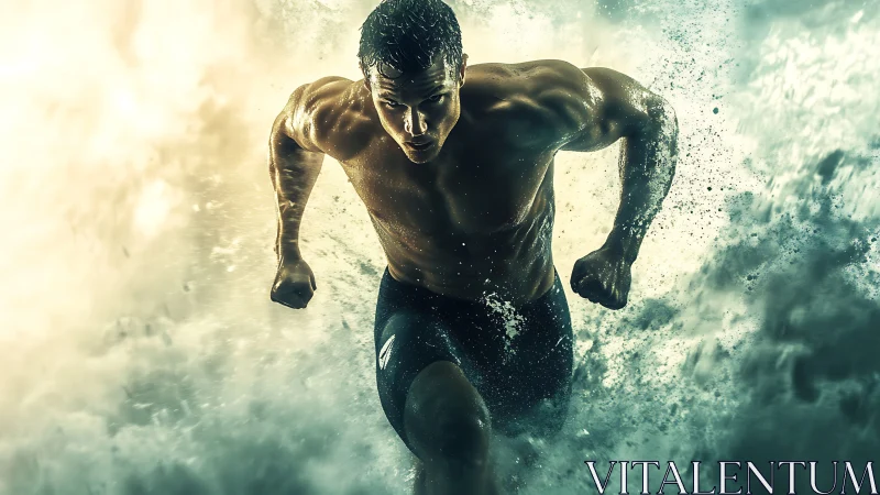 Powerful athlete surges forward through dramatic crashing waves