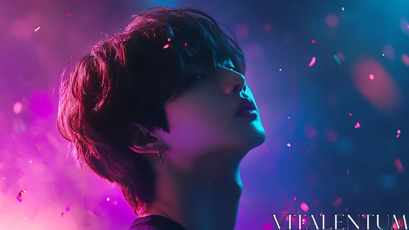 Side profile portrait in neon bokeh light environment.