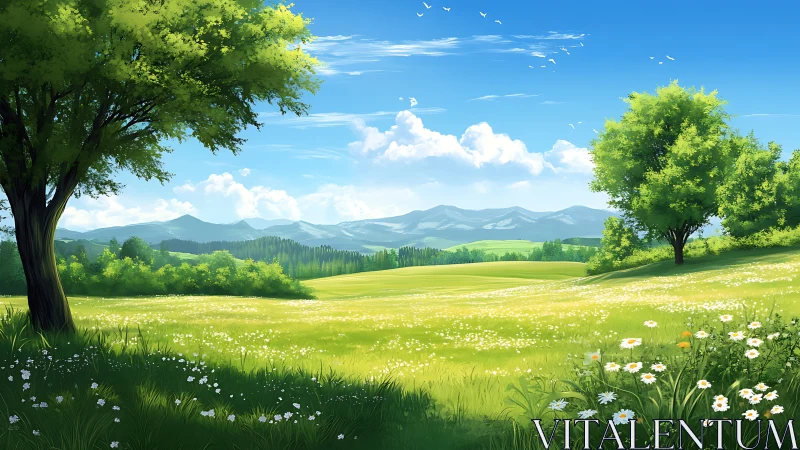 Sunlit wildflower meadow opens toward distant mountain hills