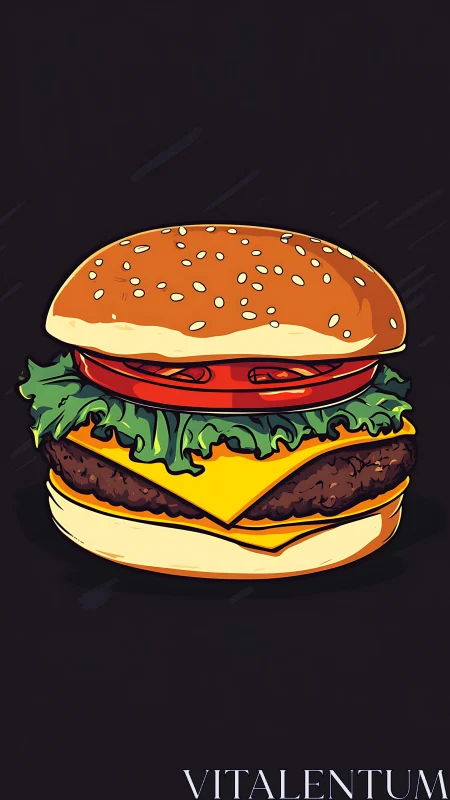Cheeseburger illustration highlights layered gourmet stack.