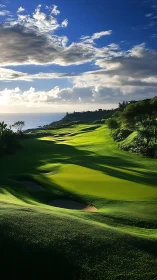 Sunlit coastal golf course rolls toward a distant ocean horizon.
