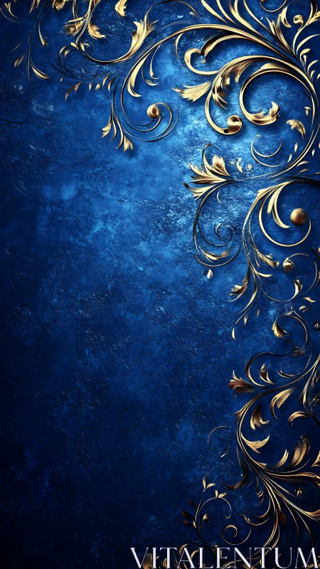 Ornate gold floral scrollwork curves over textured blue field
