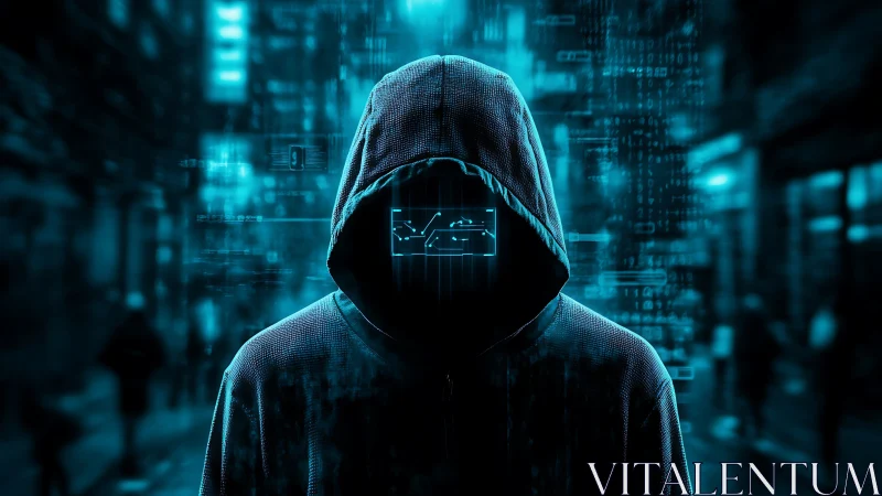 Hooded digital figure with code face in neon cyber street.