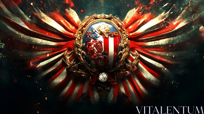 Heraldic crest overlays radial red and white striped banner