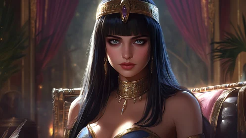 Regal dusk in a golden throne room with serene queenly gaze.