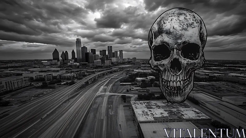 Skull graphic looms over monochrome city highwayscape
