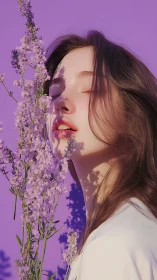 Young woman by lavender flowers against vivid purple wall.