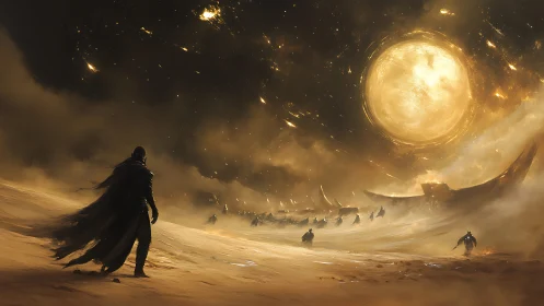 Cloaked wanderer confronts burning sun over shattered dunes.