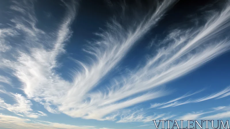 High altitude cirrus clouds stretching across blue sky.