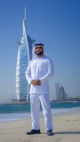 Confident Emirati man standing on Dubai shoreline at noon.