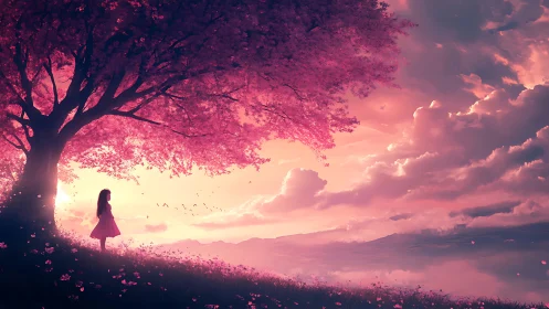 Dreamy sunset girl rests under a glowing pink blossom tree