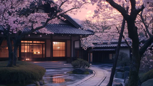 Traditional Japanese house under evening cherry blossoms.