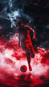 Backlit footballer dribbling amid red atmospheric stage smoke