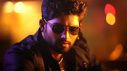 Stylish man in sunglasses under warm cinematic bokeh lights
