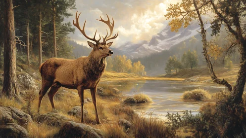 Antlered sentinel greeting dawn beside a mountain mirror.