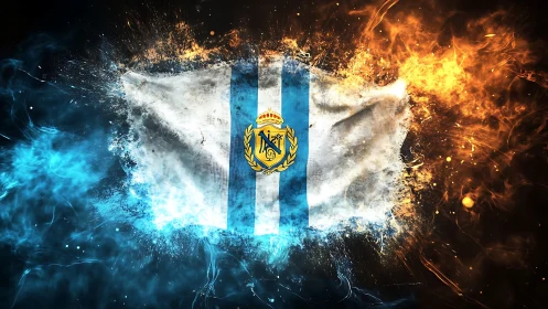 Guatemalan flag ignites between blue ice and orange fire.