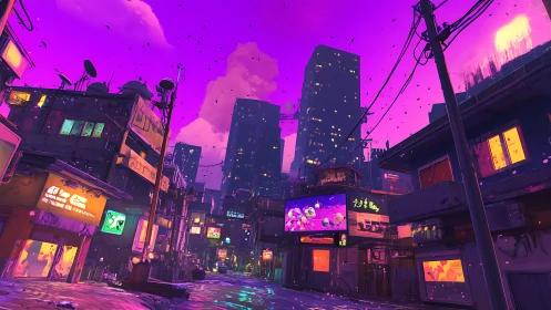 Neon dusk leans over cyberpunk alleys and dreaming towers