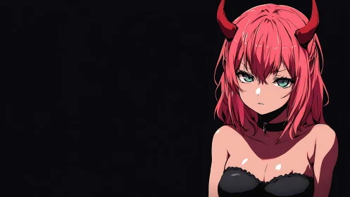 Red haired horned anime girl on black negative space background