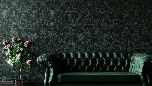 Emerald tufted sofa against dark botanical damask wall.