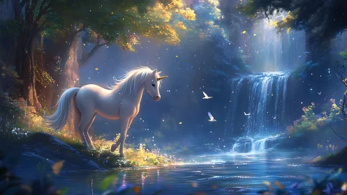 White unicorn stands by glowing forest waterfall pool.