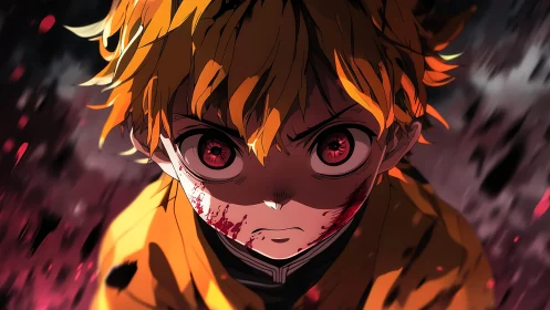 Intense yellow haired anime fighter with bloodied face
