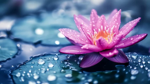 Pink Water Lily With Dew Drops in Nature.