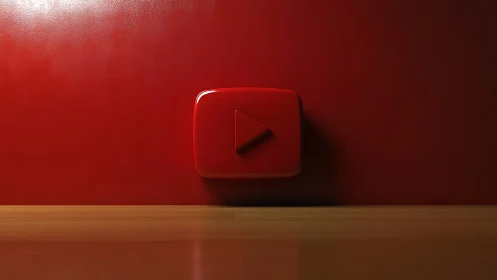 Red Glowing Play Button Against Vibrant Wall.