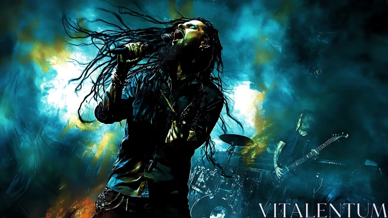 Metal vocalist mid-scream in high-contrast neon stage fog