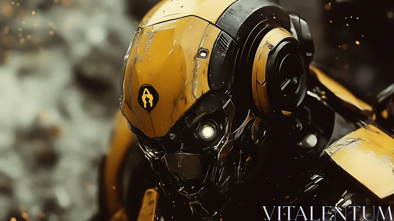 Yellow armored humanoid robot head rendered with worn plating