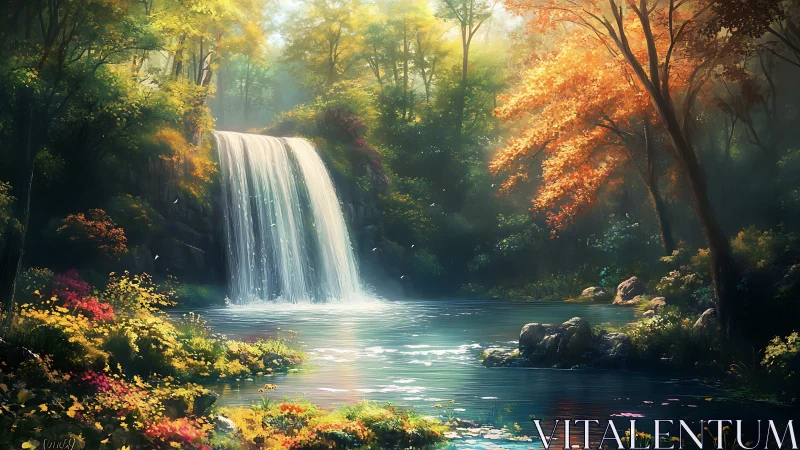 Sunlit forest waterfall with tranquil reflective pool.