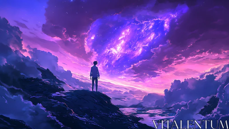 Solitary figure observes nebular sky in luminous digital vista