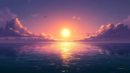 Digital seascape renders low-sun horizon with cloud layers