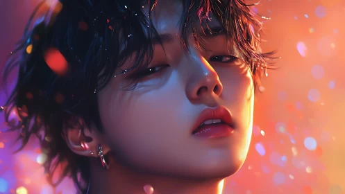 Close digital portrait of youthful face with bokeh light effects.