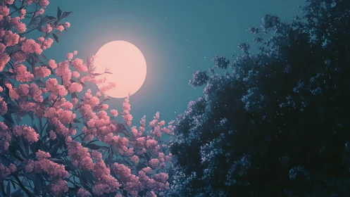 Soft full moon glows above dreamy pink blossom canopy