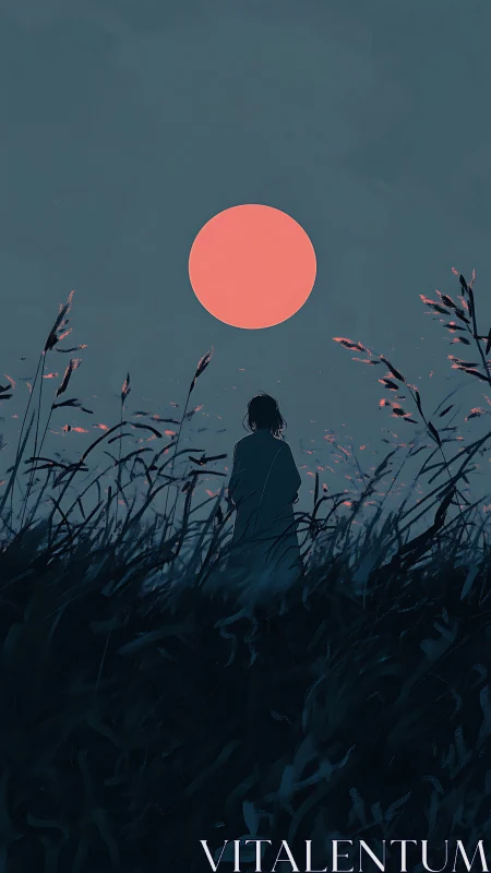 Quiet silhouette under a coral moon in tall night grass.