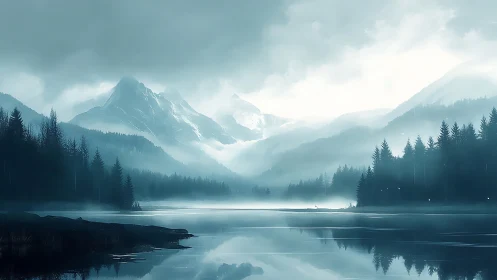 Soft blue mountains wrapped in mist above a quiet lake.