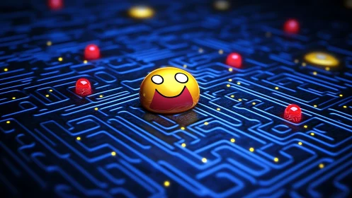 Smiley sphere navigates neon maze on glossy circuit board