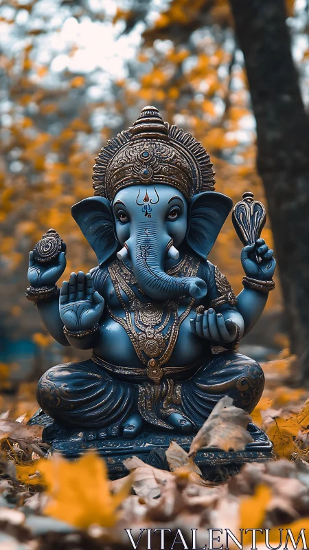 Blue forest Ganesha basking amid amber autumn leaves.