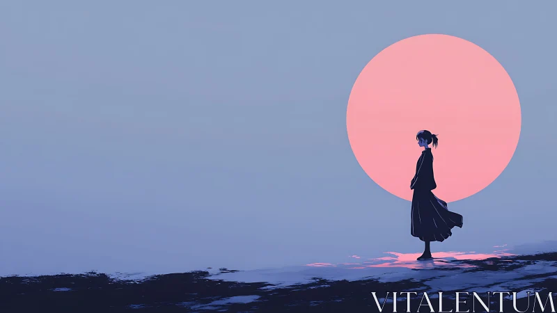 Softly glowing pink moon welcomes a quiet shoreline walk