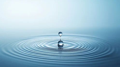 Single water droplet forms concentric ripples on calm surface