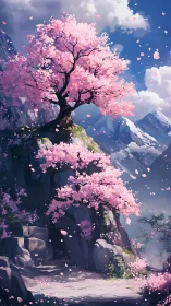 High-altitude cherry blossom ridge under volumetric spring light.