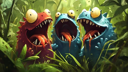 Colorful swamp monsters shriek with goofy chaotic energy.