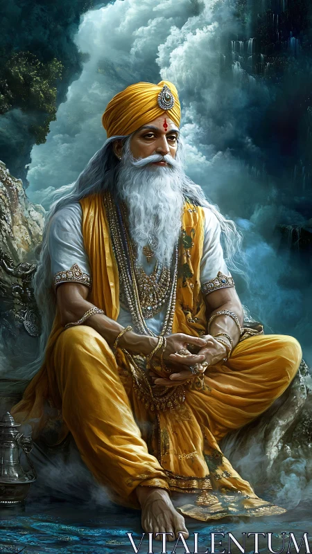Elderly guru in ornate yellow robes seated in nature.