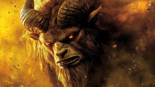 Horned demonic beast head emerging from fiery smoke.