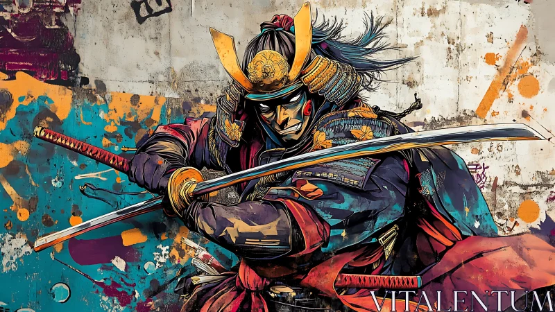 Graffiti-infused digital samurai in dynamic katana crossguard stance.